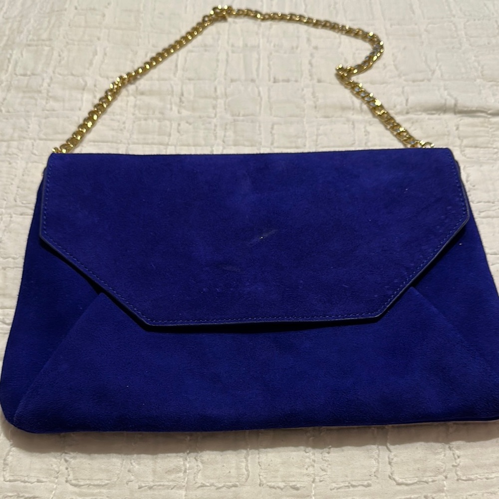 Elegant Blue Suede Clutch with Gold Chain by Ann Taylor
